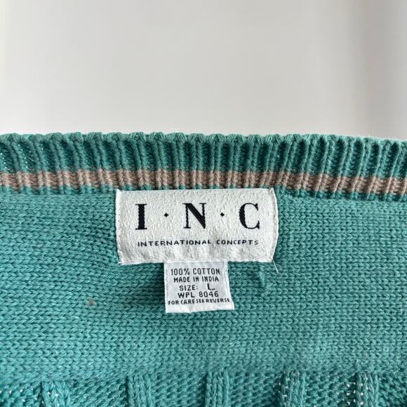Vintage 90s INC Teal Purple V Neck Fisherman Knit Sweater Size Large 100% Cotton - Picture 2 of 8